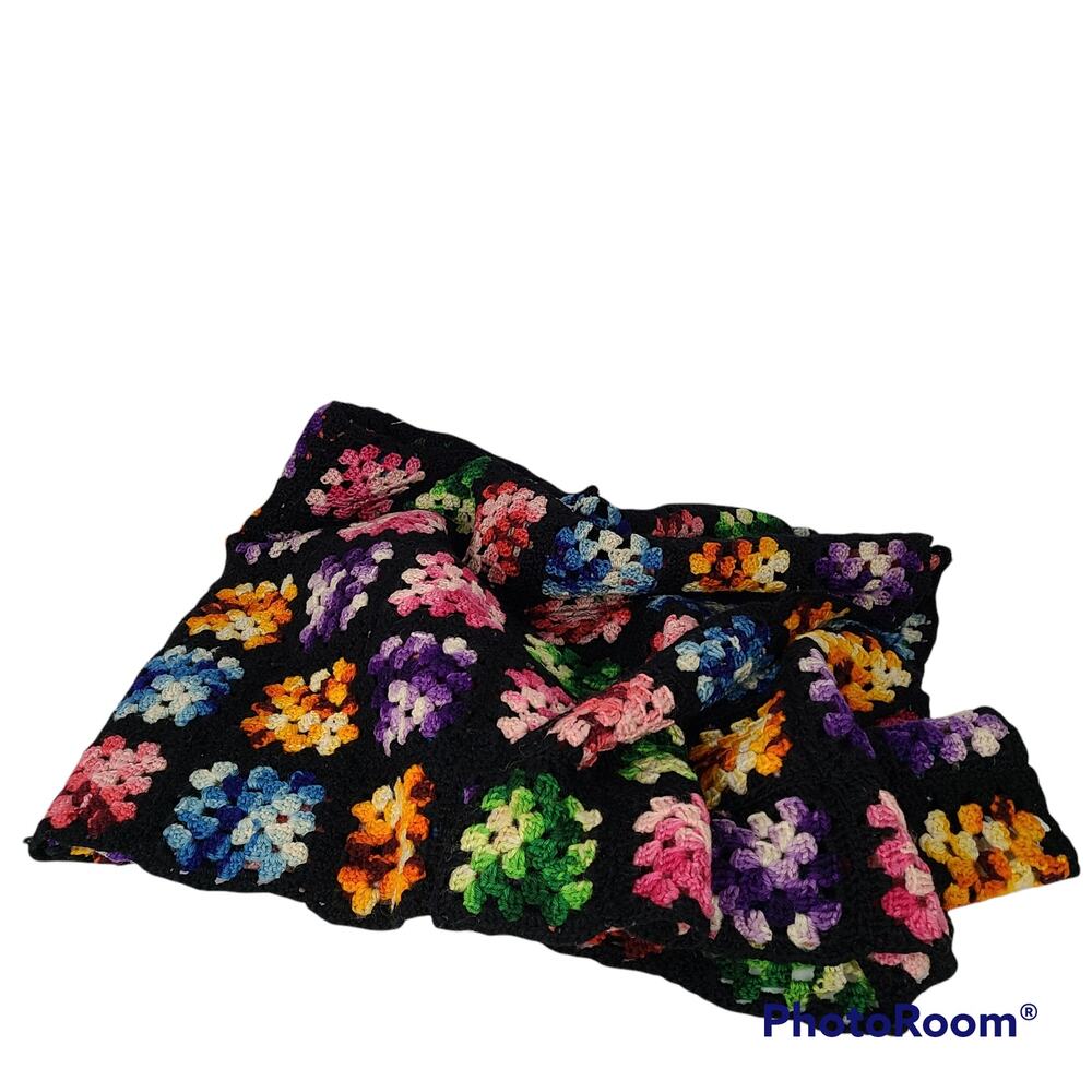 MCM Vintage black multicolor granny square sofa throw 48x81 - Picture 2 of 5